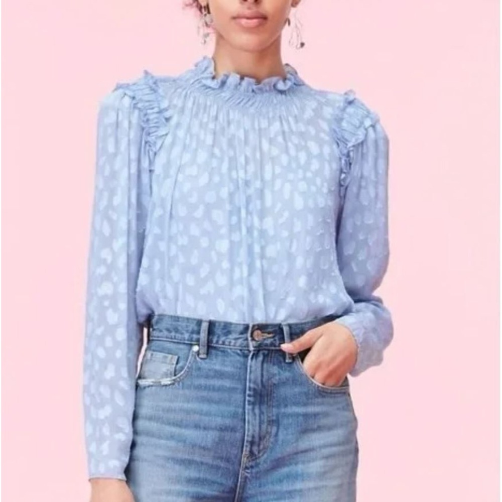 REBECCA TAYLOR Smocked Ruffle High Neck Blouse Silk Blend Cami Lined Pale Blue 6